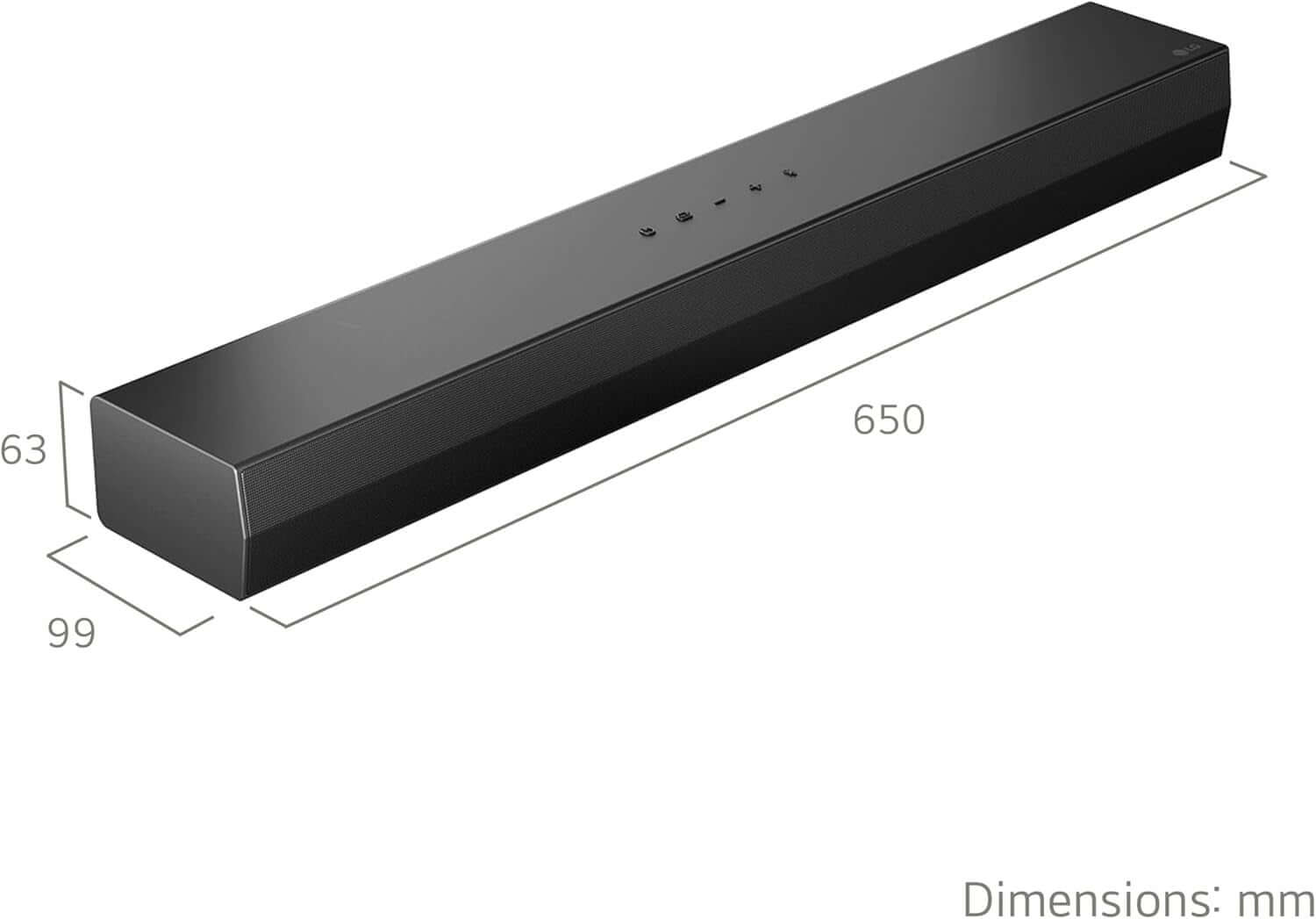 LG US20A SOUNDBAR 2.0 WIRELESS BLUETOOTH 5.3 COMPACT 50W RMS HDMI USB PORT BLACK dimensions shown in mm.