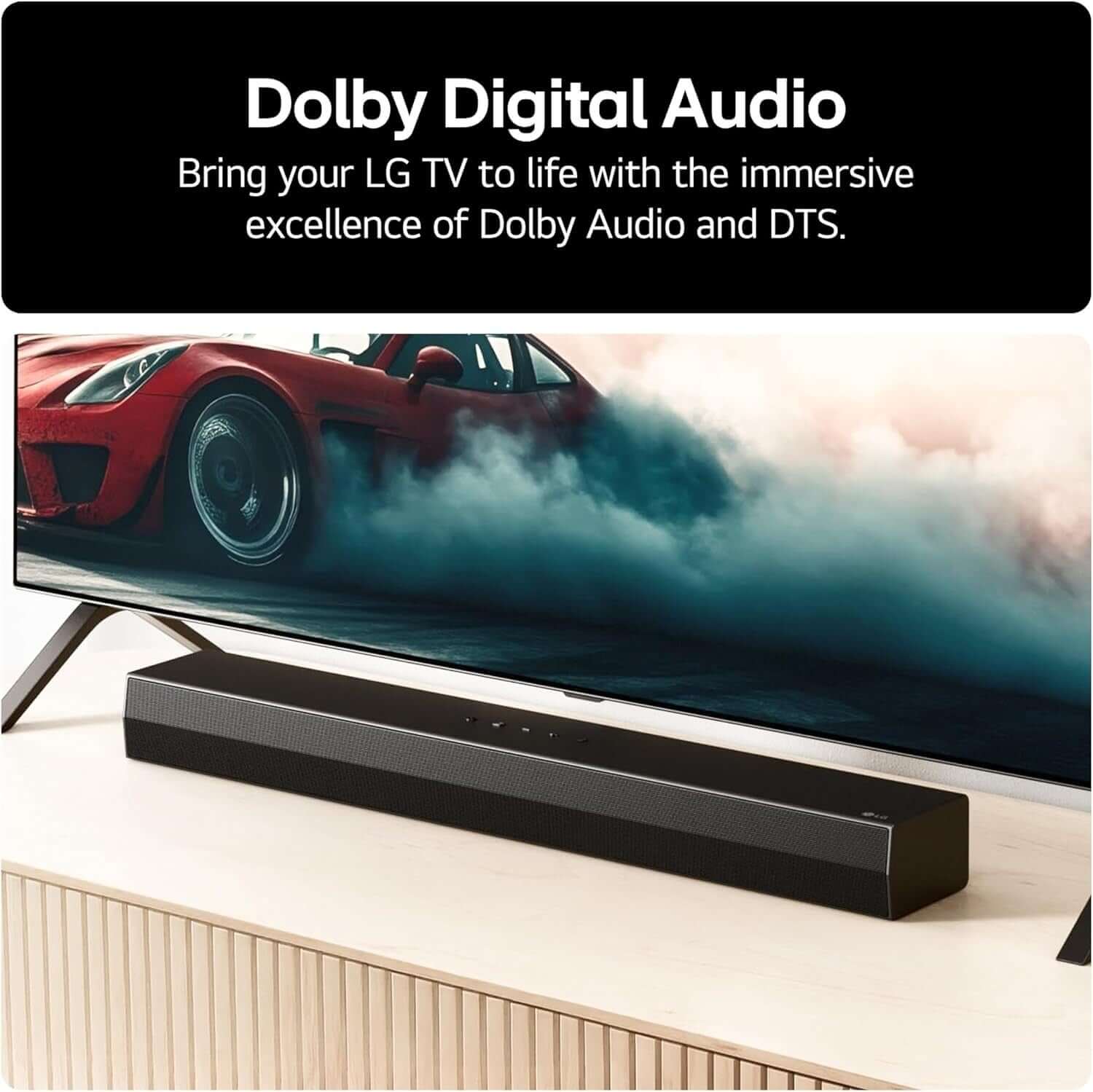 LG US20A SOUNDBAR 2.0 WIRELESS BLUETOOTH 5.3 COMPACT 50W RMS HDMI USB PORT BLACK displayed below an LG TV.
