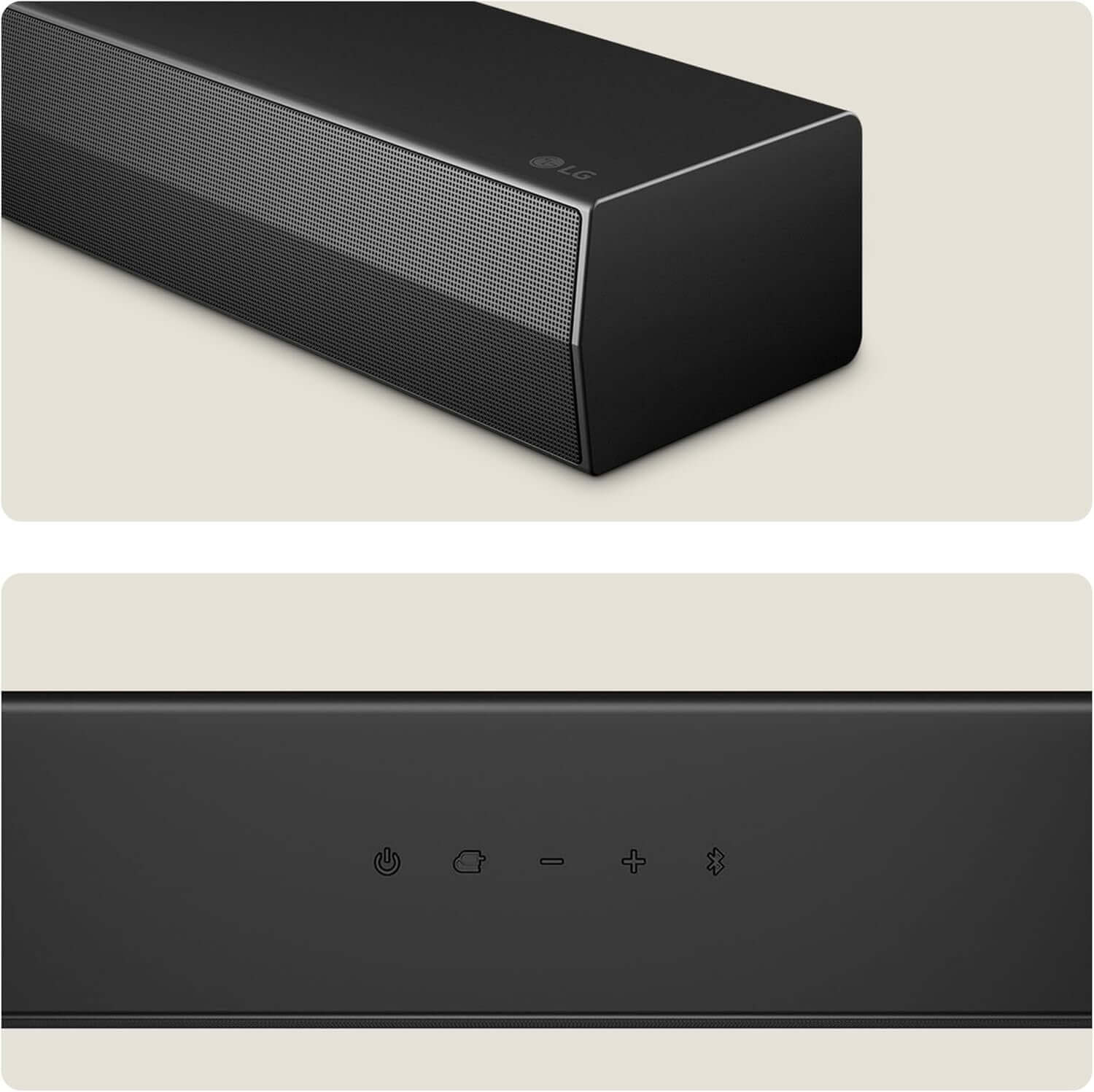LG US20A SOUNDBAR 2.0 WIRELESS BLUETOOTH 5.3 COMPACT 50W RMS HDMI USB PORT BLACK top and front view.