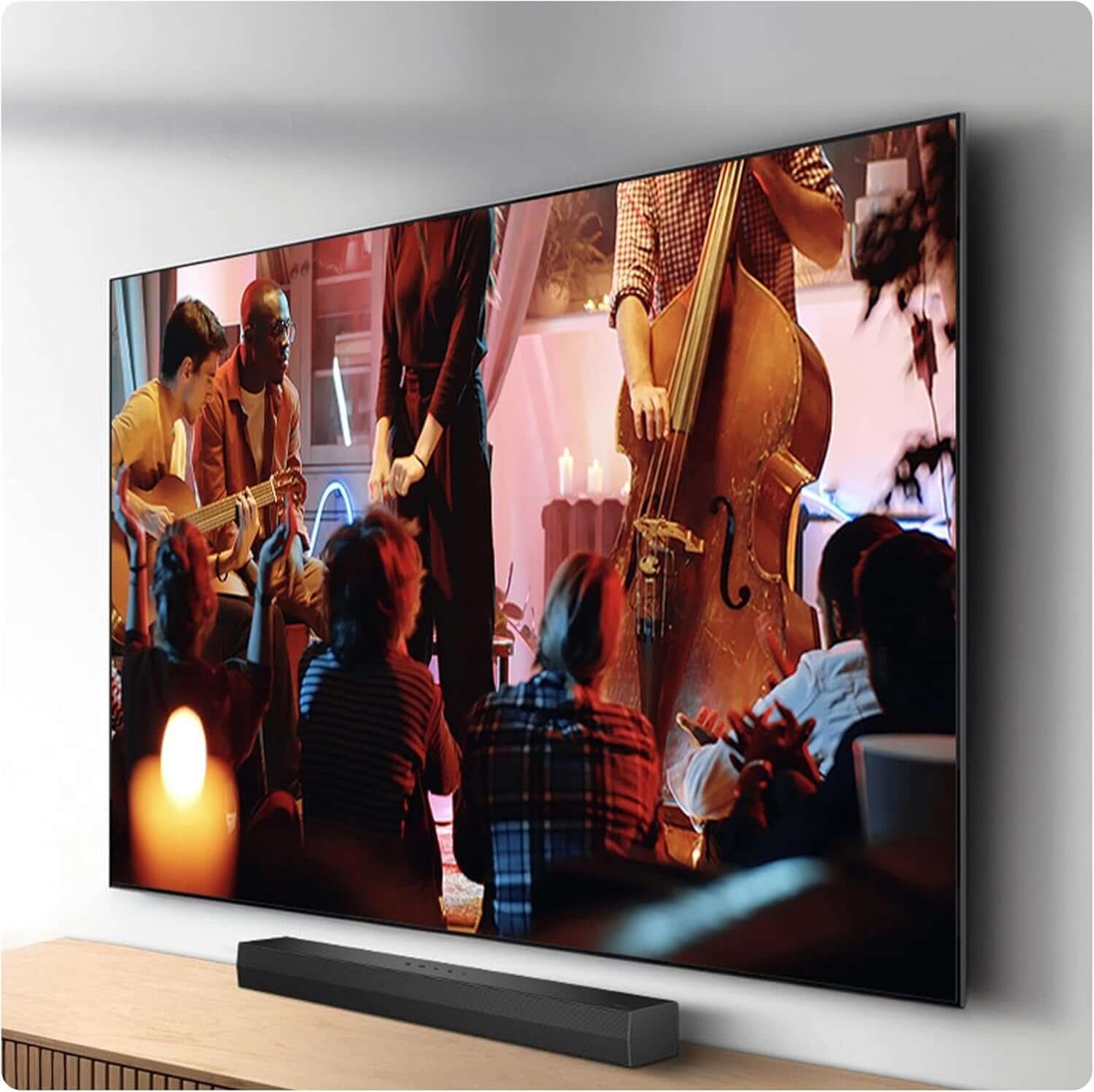 LG US20A SOUNDBAR 2.0 WIRELESS BLUETOOTH 5.3 COMPACT 50W RMS HDMI USB PORT BLACK placed below a TV.