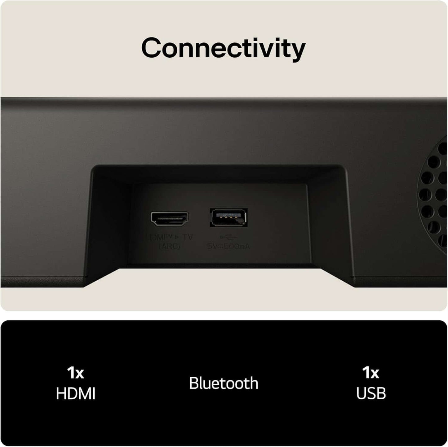 Connectivity ports for LG US20A SOUNDBAR 2.0 WIRELESS BLUETOOTH 5.3 COMPACT 50W RMS HDMI USB PORT BLACK.