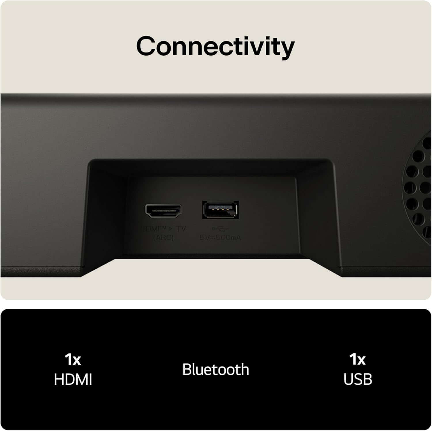 Connectivity ports for LG US20A SOUNDBAR 2.0 WIRELESS BLUETOOTH 5.3 COMPACT 50W RMS HDMI USB PORT BLACK.