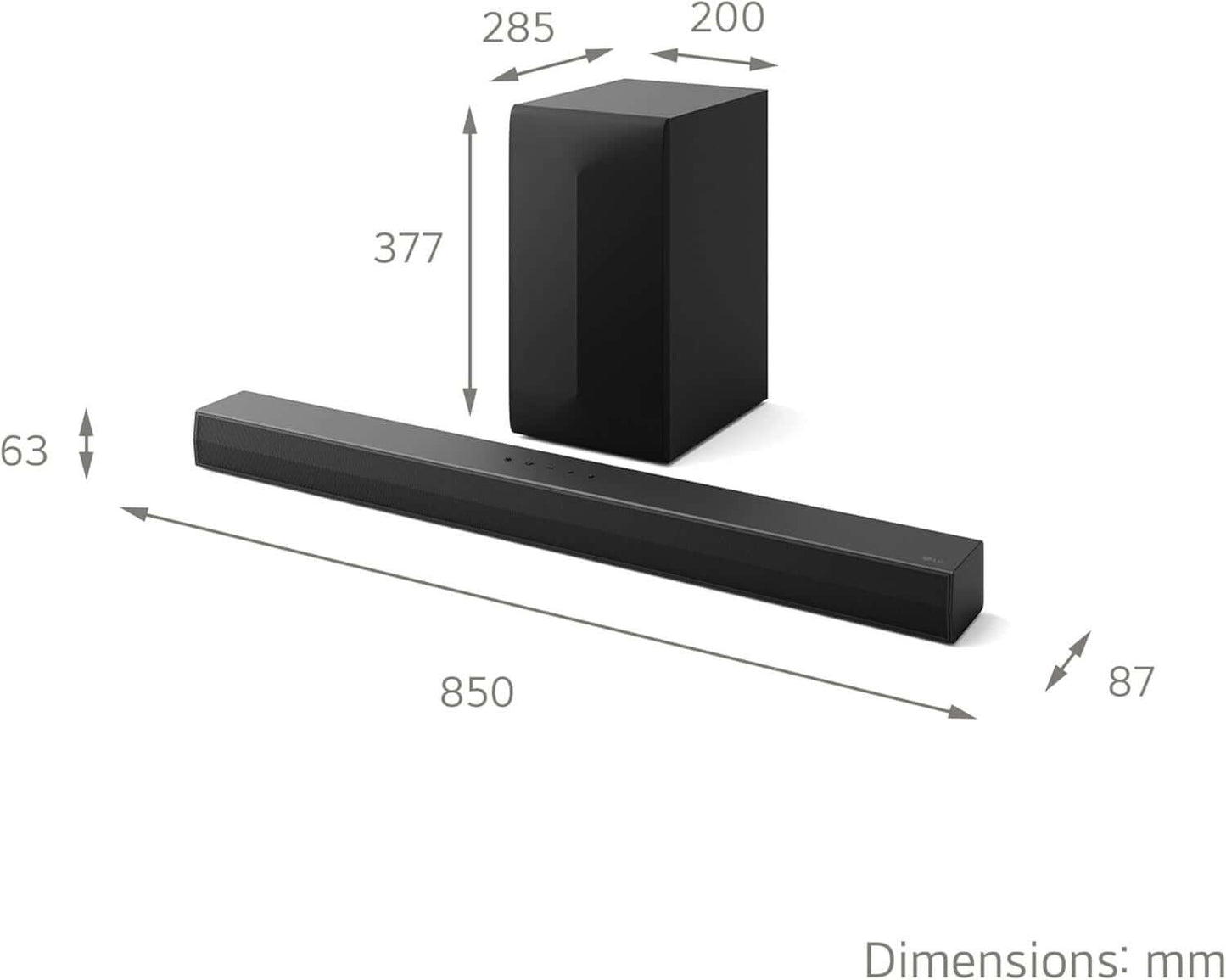 LG US40T SOUNDBAR 2.1 300W WIRELESS SUBWOOFER BLUETOOTH AI SOUND HDMI OPTICAL with dimensions shown in mm.
