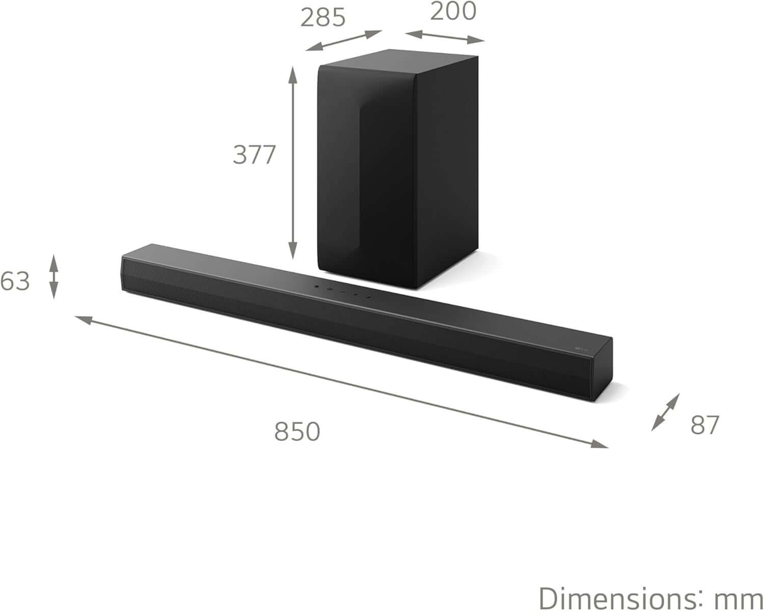 LG US40T SOUNDBAR 2.1 300W WIRELESS SUBWOOFER BLUETOOTH 5.3 HDMI AI SOUND PRO dimensions and design