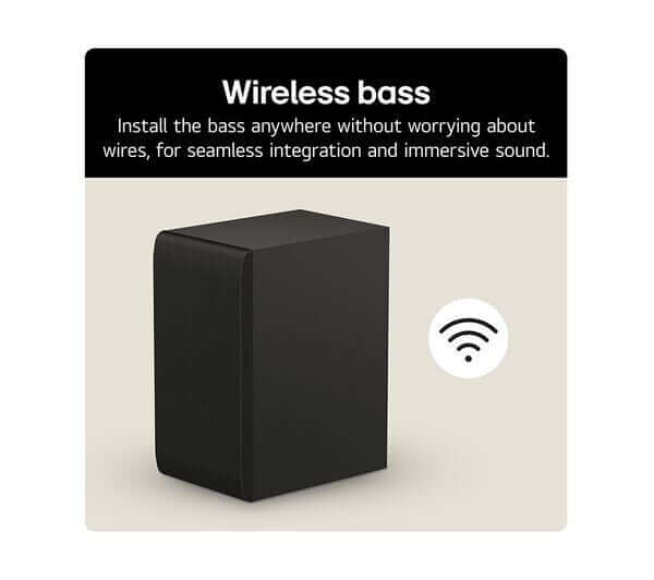 LG wireless subwoofer for immersive sound without messy wires.