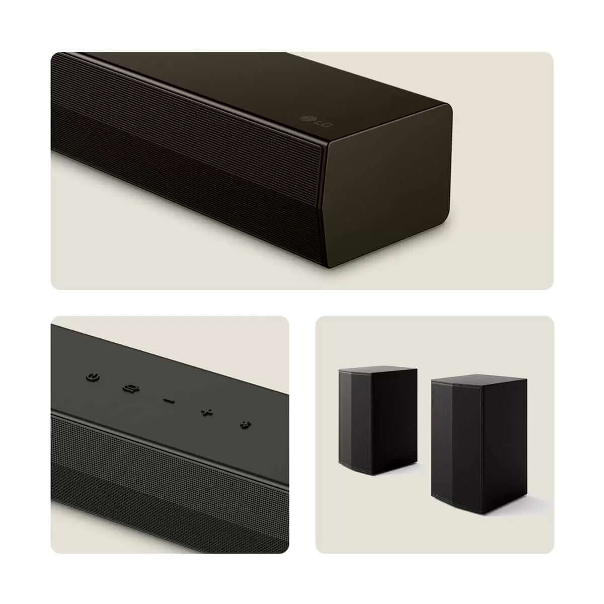 LG US40TR 4.1 wireless soundbar and subwoofer showcasing sleek design and control panel.