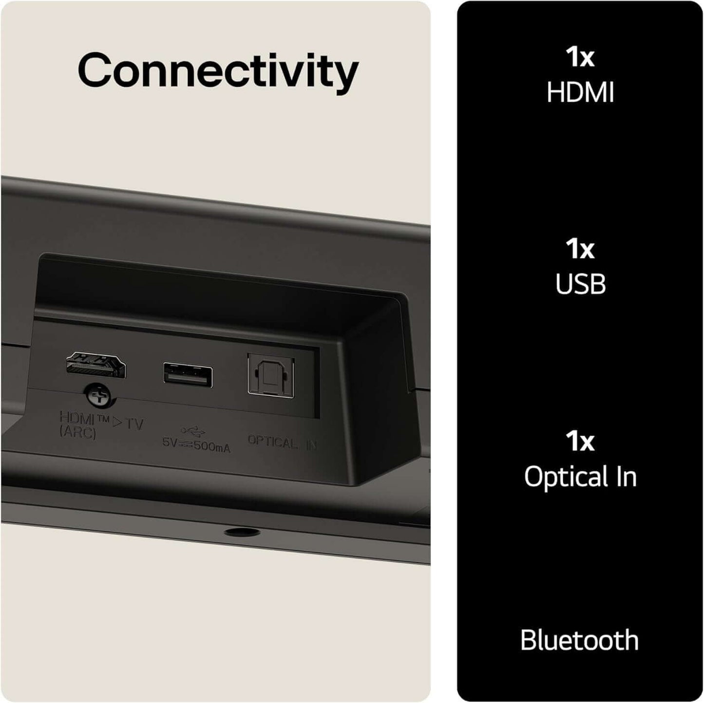 LG US40TR SOUNDBAR 4.1 400W WIRELESS SUBWOOFER BLUETOOTH HDMI AI SOUND PRO connectivity ports HDMI USB Optical Bluetooth