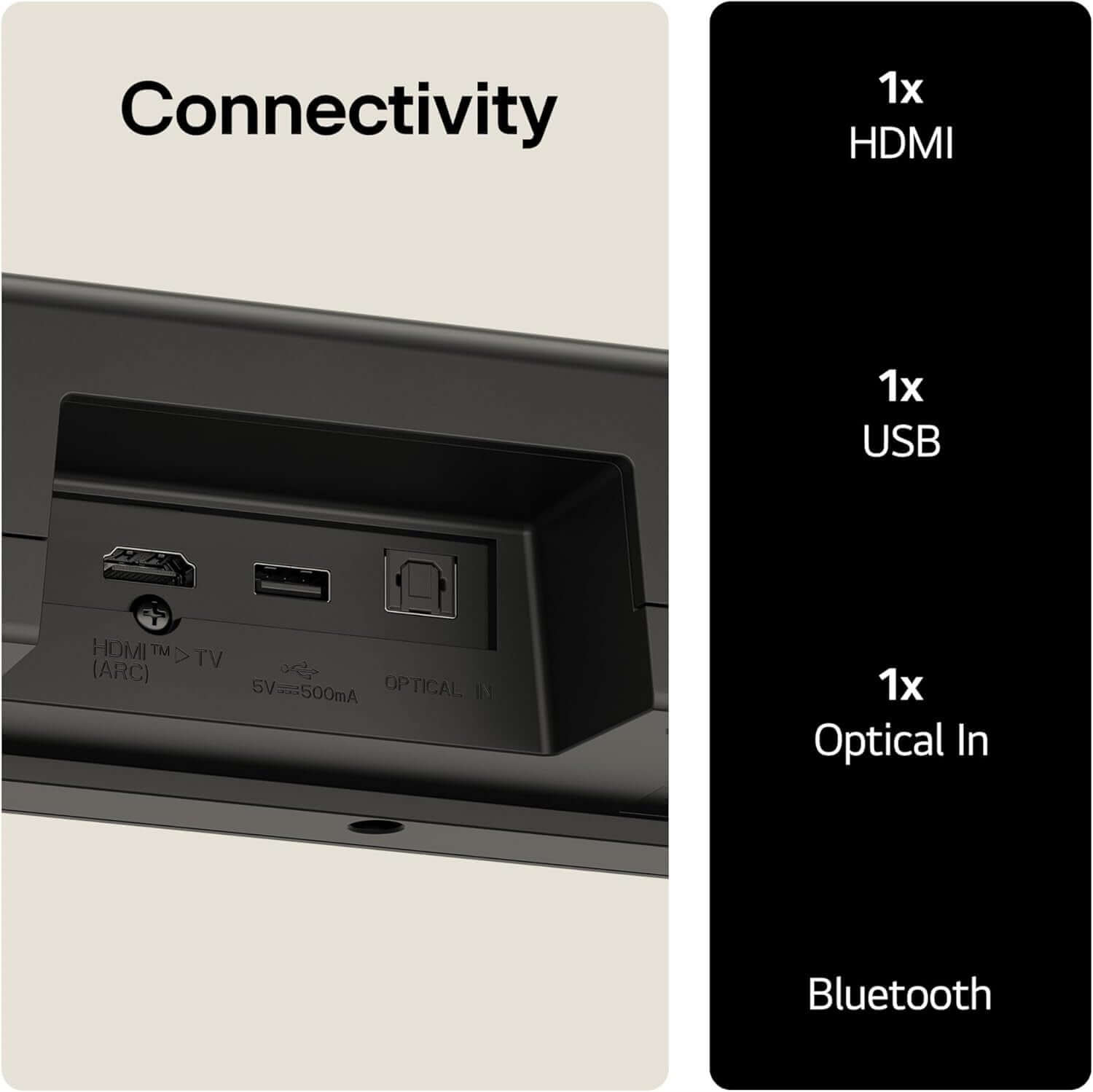 LG US40TR SOUNDBAR 4.1 400W WIRELESS SUBWOOFER BLUETOOTH HDMI AI SOUND PRO connectivity ports HDMI USB Optical Bluetooth
