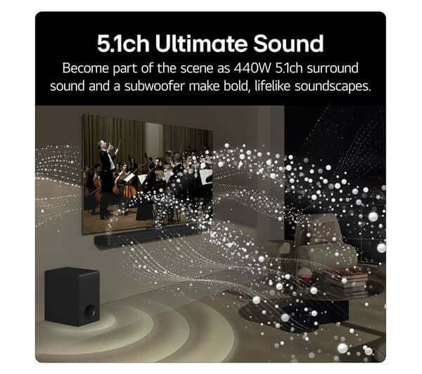 5.1ch Ultimate Sound with LG US60TR SOUNDBAR 5.1 440W WIRELESS SUBWOOFER BLUETOOTH HDMI USB AI SOUND PRO and lifelike soundscapes.