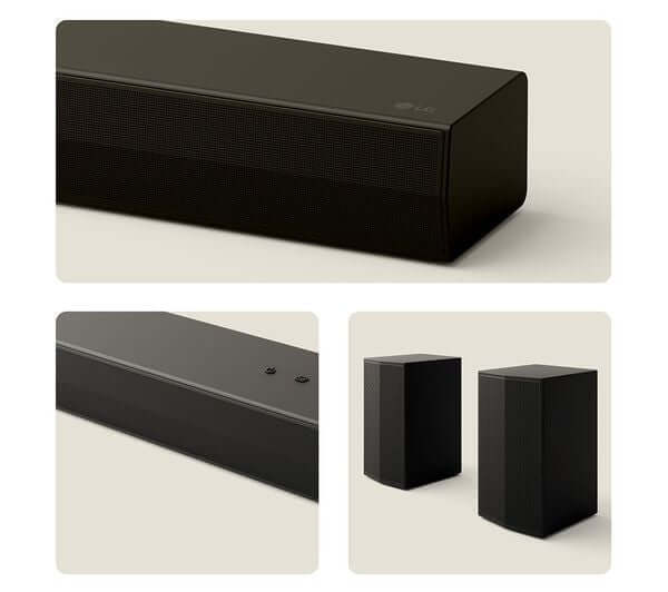 LG US60TR SOUNDBAR 5.1 440W WIRELESS SUBWOOFER BLUETOOTH HDMI USB AI SOUND PRO close-up of soundbar and speakers