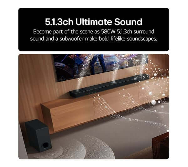 LG US80TR SOUNDBAR HOME CINEMA WIRELESS SUBWOOFER 580W DOLBY ATMOS RRP £1099 with 580W surround sound setup.