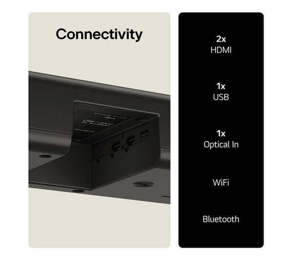 Connectivity options for LG US80TR SOUNDBAR HOME CINEMA WIRELESS SUBWOOFER 580W DOLBY ATMOS including HDMI, USB, and Bluetooth.