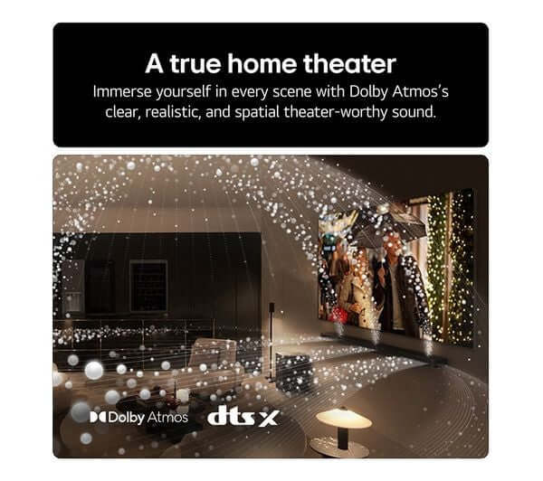 LG US80TR SOUNDBAR HOME CINEMA WIRELESS SUBWOOFER 580W DOLBY ATMOS RRP £1099 in a cozy home theater setting.