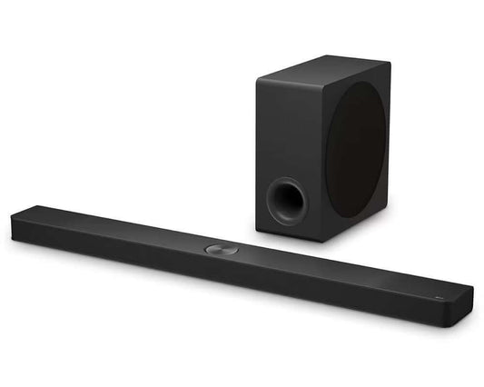 LG US90TY SOUNDBAR HOME CINEMA 5.1.3 WIRELESS SUBWOOFER 4K 570W HDMI DOLBY ATMOS displayed with wireless subwoofer.