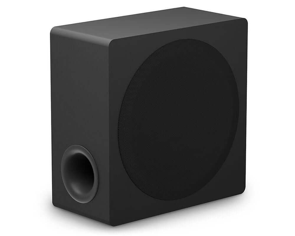 LG US90TY SOUNDBAR HOME CINEMA 5.1.3 WIRELESS SUBWOOFER 4K 570W HDMI DOLBY ATMOS wireless subwoofer front view in black.
