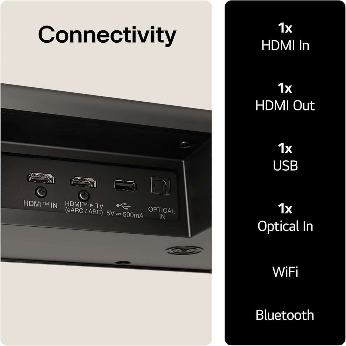 Connectivity options for LG US95TR SOUNDBAR HOME CINEMA WIRELESS SUBWOOFER 9.1.5 DOLBY ATMOS, including HDMI and Bluetooth.