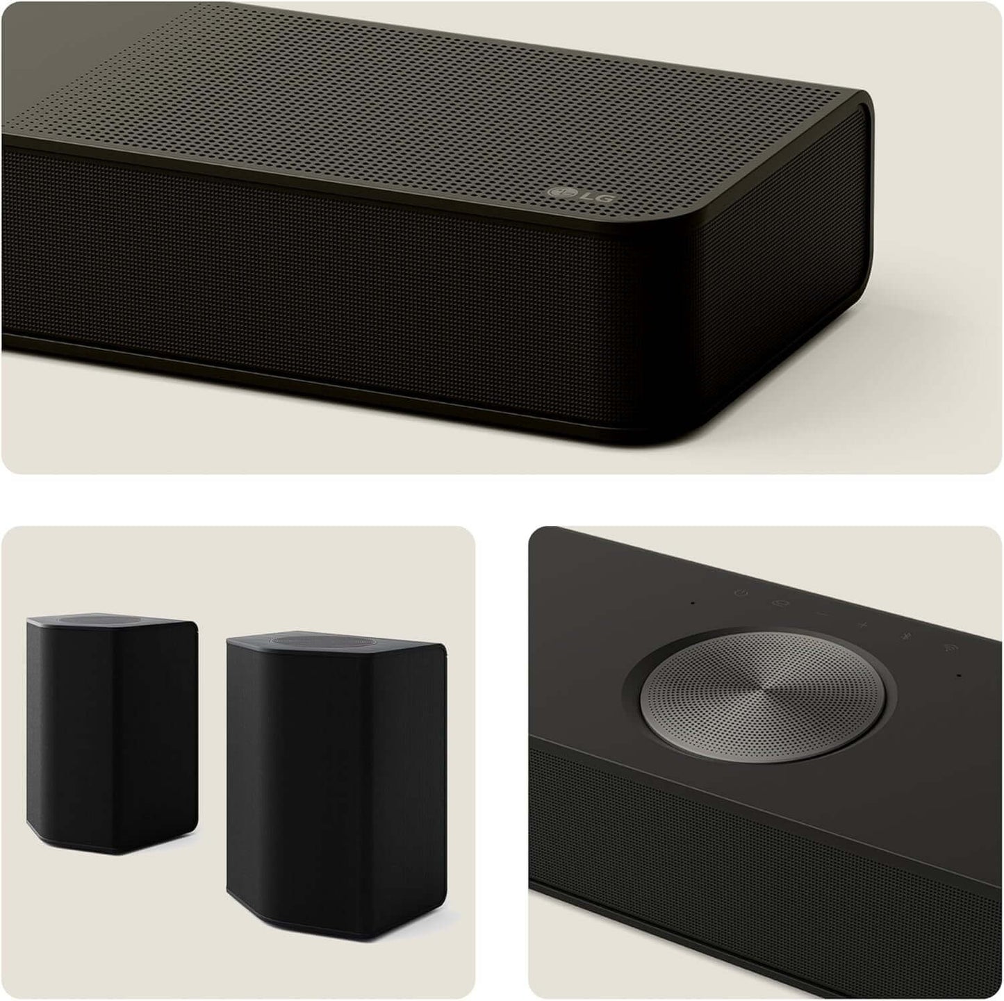 LG US95TR soundbar and wireless subwoofers shown in sleek black design, showcasing Dolby Atmos technology and premium audio quality.