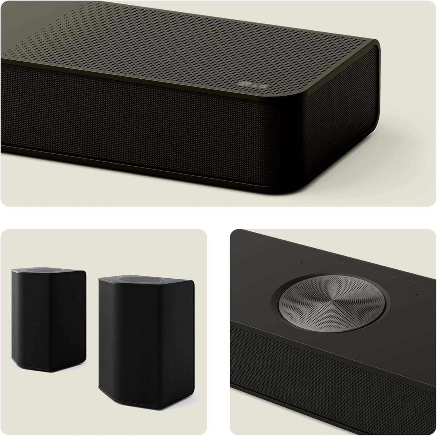 LG US95TR soundbar and wireless subwoofers shown in sleek black design, showcasing Dolby Atmos technology and premium audio quality.