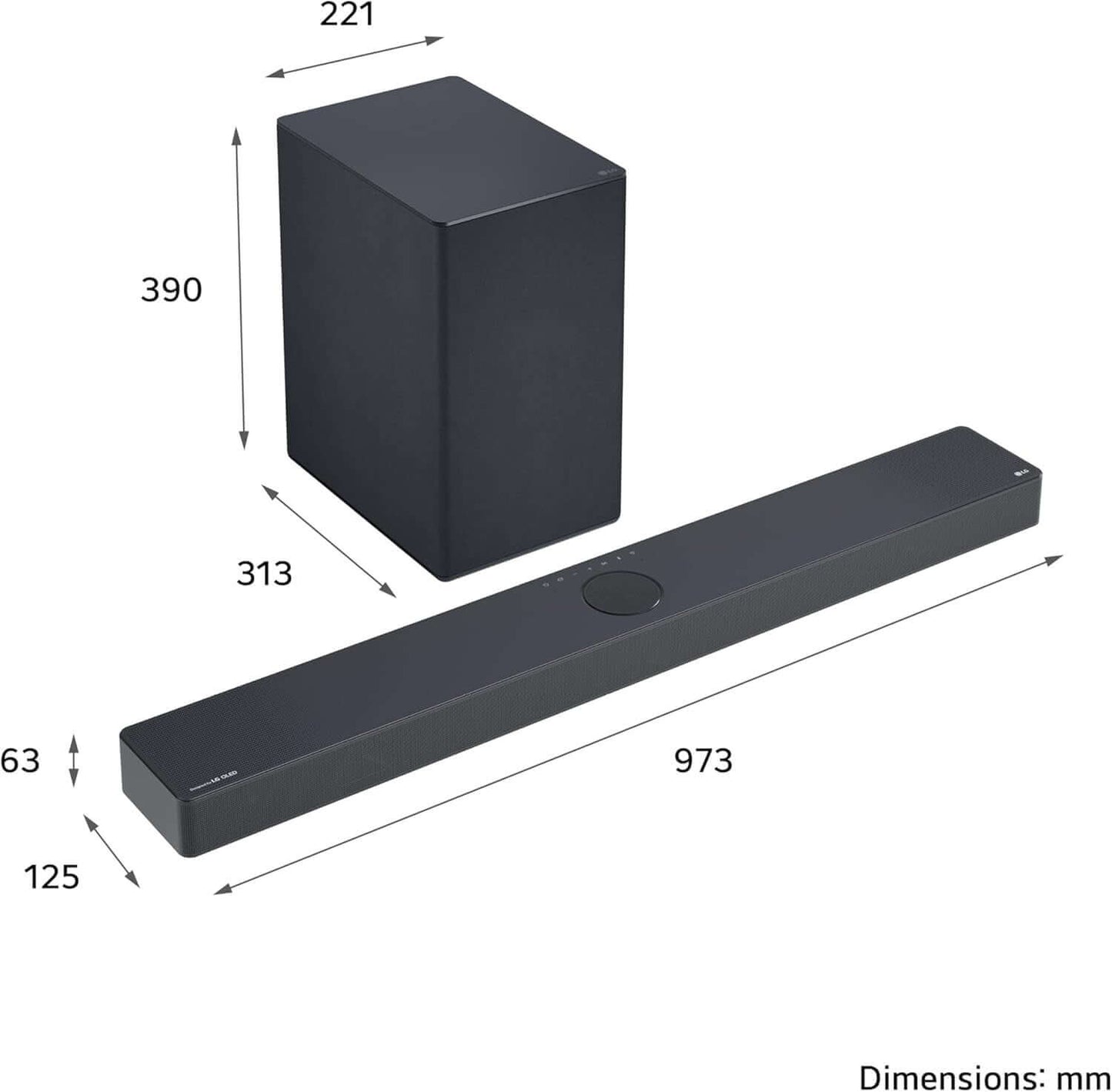Image showing dimensions of LG USC9S SOUNDBAR HOME CINEMA 3.1.3 WIRELESS SUBWOOFER 4K DOLBY ATMOS RRP £999.