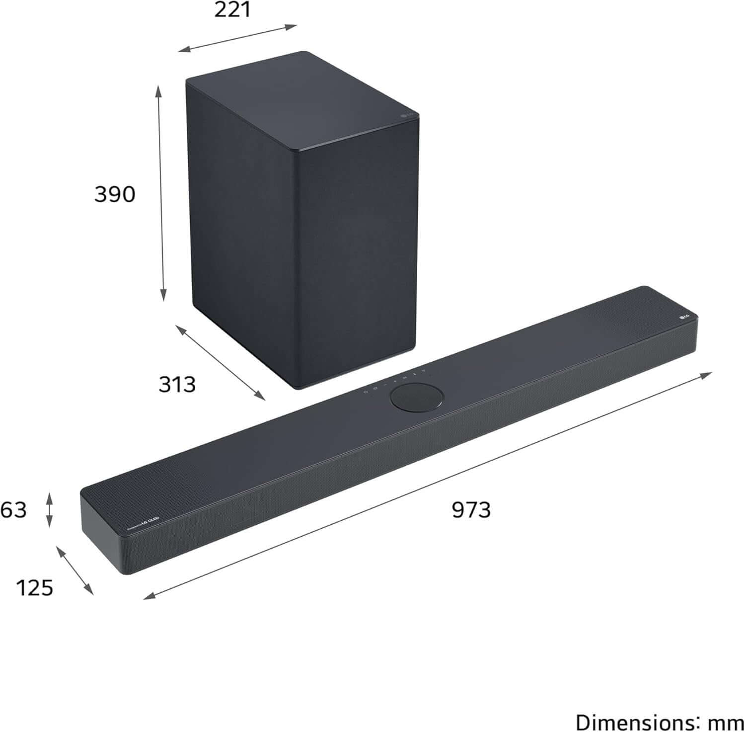 Image showing dimensions of LG USC9S SOUNDBAR HOME CINEMA 3.1.3 WIRELESS SUBWOOFER 4K DOLBY ATMOS RRP £999.