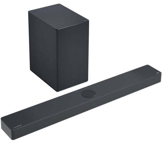 LG USC9S SOUNDBAR 3.1.3 WIRELESS SUBWOOFER 4K 400W HDMI DOLBY ATMOS MERIDIAN showing soundbar and subwoofer.