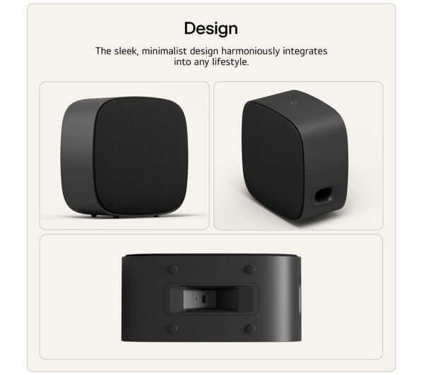 Design of LG W7 SUBWOOFER 220W WIRELESS SPEAKER FOR SOUND SUITE DOLBY ATMOS FLEXCONNECT showcasing sleek black aesthetics.