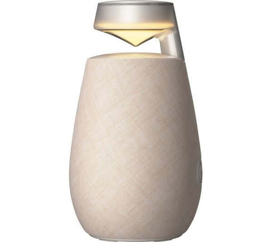 LG XBOOM 360 XO2 PORTABLE BLUETOOTH SPEAKER 40W RGB LIGHTING IP55 BEIGE XO2TBE side view with light on
