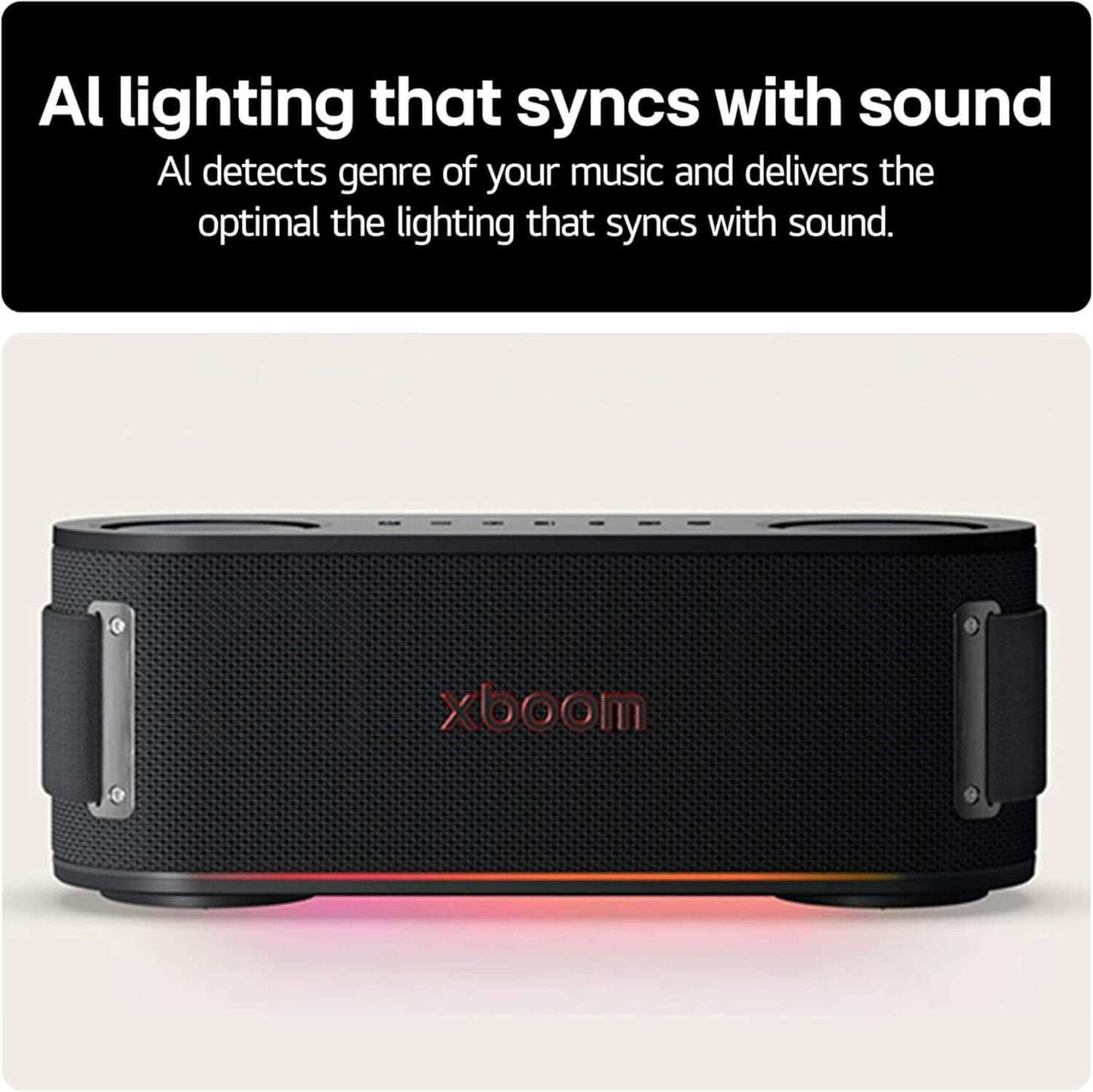 LG XBOOM BOUNCE PORTABLE SPEAKER 40W BLUETOOTH LED PARTY LIGHTS BLACK WATERPROOF with AI lighting that syncs with sound.