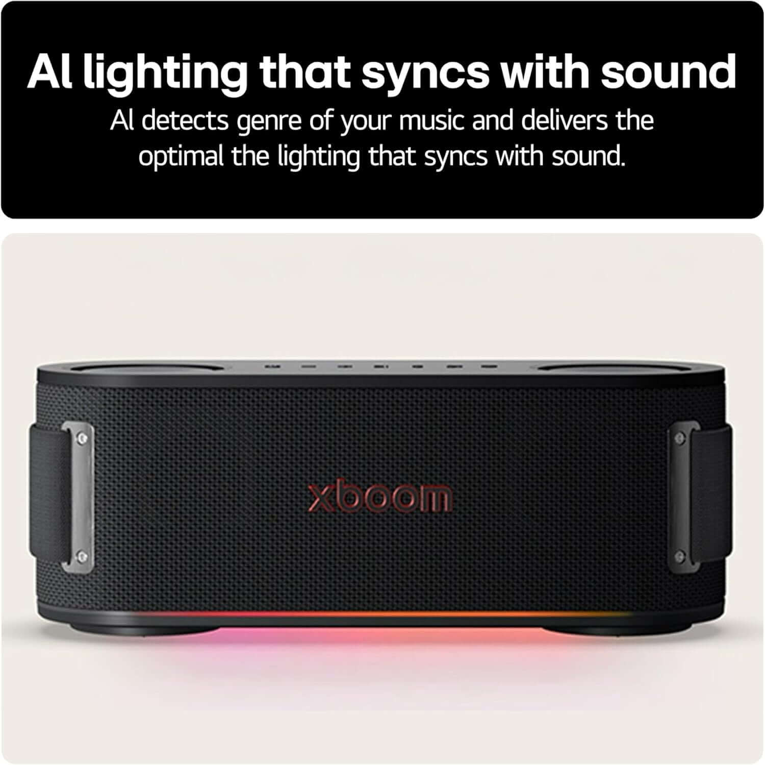 LG XBOOM BOUNCE PORTABLE SPEAKER 40W BLUETOOTH LED PARTY LIGHTS BLACK WATERPROOF with AI lighting that syncs with sound.