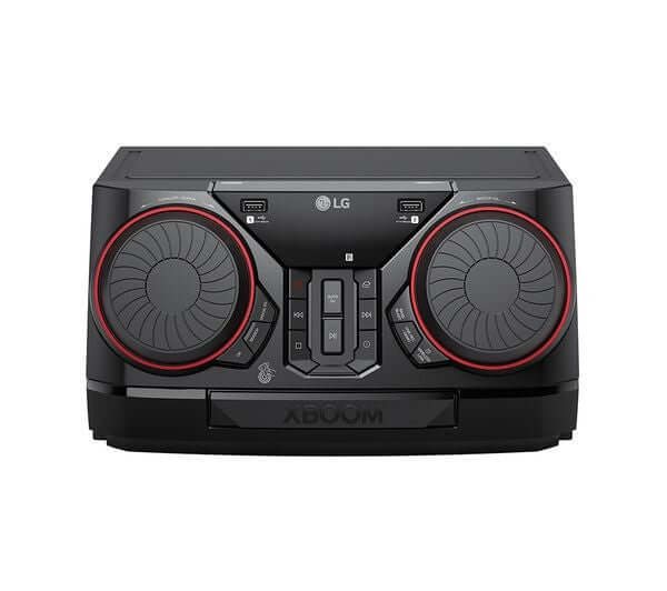 LG CK43N STEREO SYSTEM HI-FI  XBOOM 300W BLUETOOTH TRADITIONAL USB AUX IN BLACK - Front view of the speaker system.