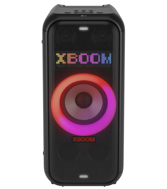 LG XBOOM DXL7T PARTY SPEAKER BLUETOOTH 250W MEGASOUND 2.1 LED LIGHTS USB BLACK front view with vibrant LED lights