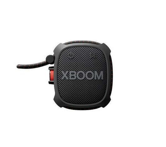 LG XBOOM Go XG2 portable Bluetooth speaker in black, featuring waterproof design and durable construction.
