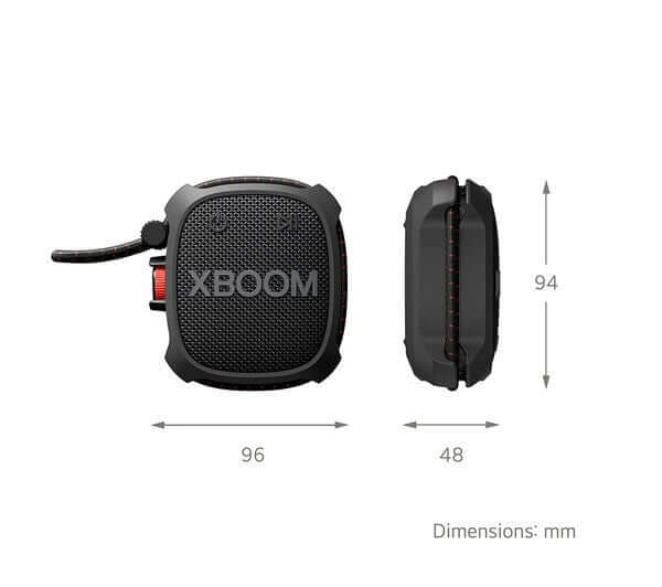 Dimensions of LG XBOOM Go XG2 portable Bluetooth speaker in mm, showing width, height, and depth.