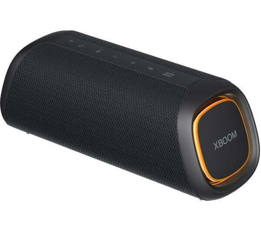 LG XBOOM GO XG5 20W WIRELESS SPEAKER BLUETOOTH BLACK WATERPROOF IP67 XG5QBK side view on a white background