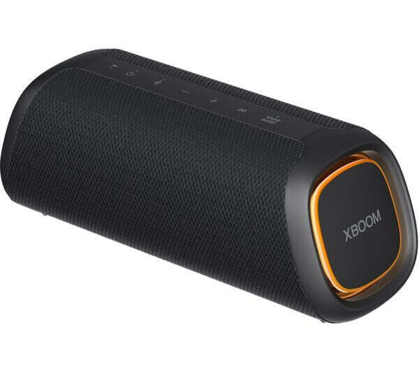 LG XBOOM GO XG7QBK portable Bluetooth speaker in black with customizable RGB lighting and speaker controls.