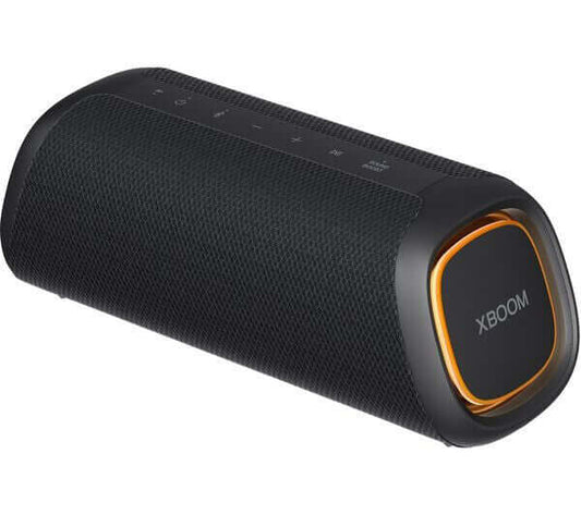 LG XBOOM GO XG7QBK portable Bluetooth speaker in black with customizable RGB lighting and speaker controls.