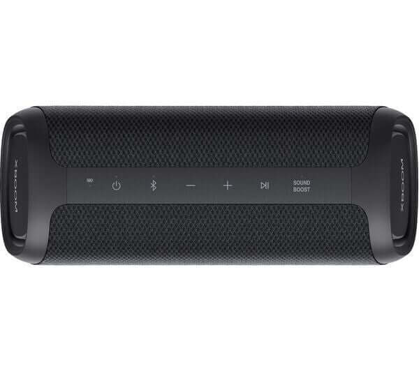 LG XBOOM Go XG7QBK portable Bluetooth speaker in black, featuring sound boost and user-friendly controls.