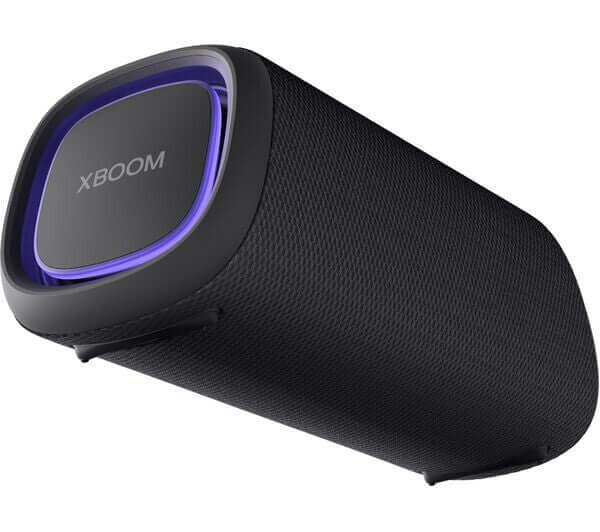 LG XBOOM GO XG7QBK black portable Bluetooth speaker with custom RGB lighting and waterproof design