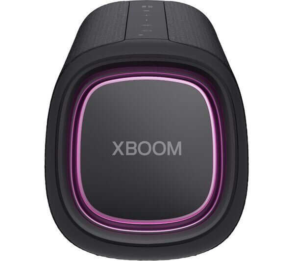 Top view of LG XBOOM GO XG7QBK portable Bluetooth speaker in black with custom RGB lighting.