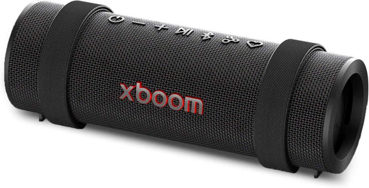 LG XBOOM Grab portable Bluetooth speaker in black with controls, water resistant, offers 20 hours battery life.