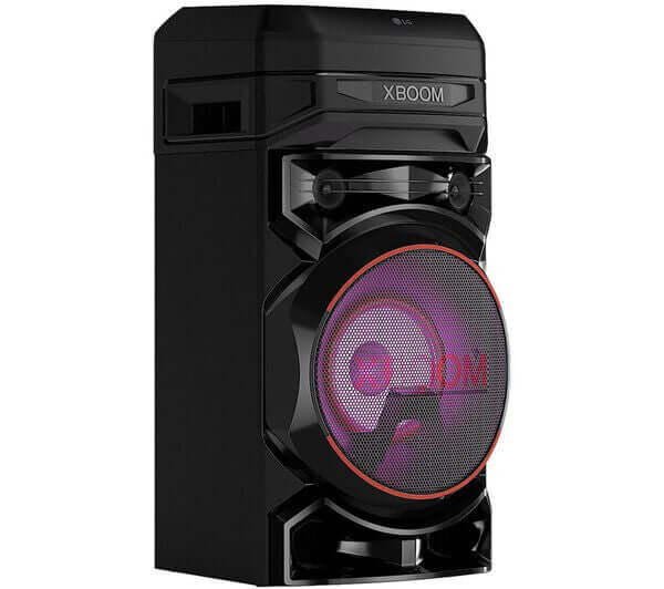LG XBOOM RNC5 Bluetooth party speaker in black with LED lights and powerful sound.