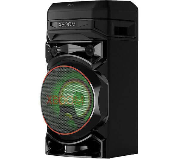 LG XBOOM RNC5 Bluetooth megasound party speaker in black with LED lights and powerful bass.