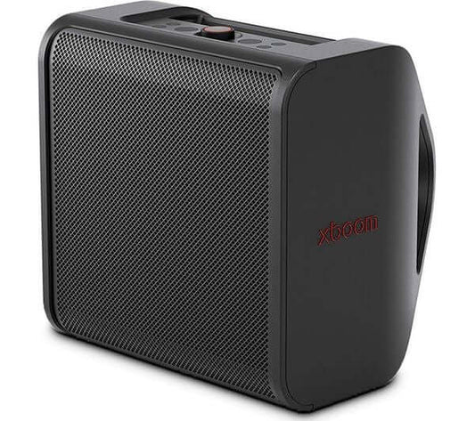 LG XBOOM Stage 301 portable Bluetooth speaker in black, featuring sleek design and mesh grille.