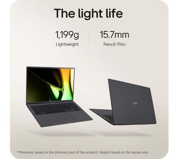 LG GRAM 16 16Z90S-G 16" LAPTOP CORE ULTRA 5 125H 1TB SSD 16GB DDR5 RAM WIN 11 showcasing its lightweight and thin design.