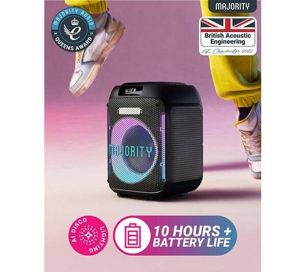 MAJORITY PULSE 1 PORTABLE BLUETOOTH MEGASOUND 80W PARTY SPEAKER LED LIGHTS with disco lights and 10 hours battery life.