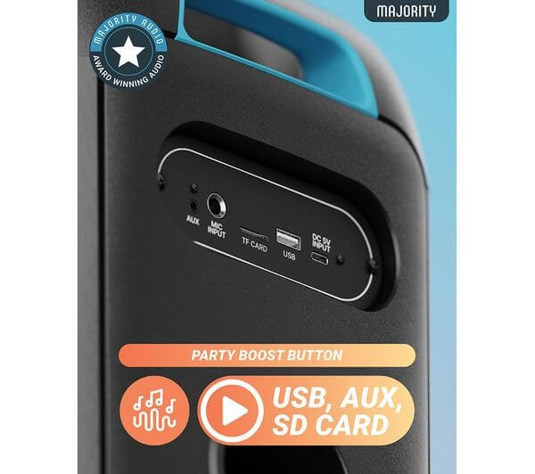 MAJORITY PULSE 1 PORTABLE BLUETOOTH MEGASOUND 80W PARTY SPEAKER LED LIGHTS inputs including USB, AUX, SD card for enhanced sound.