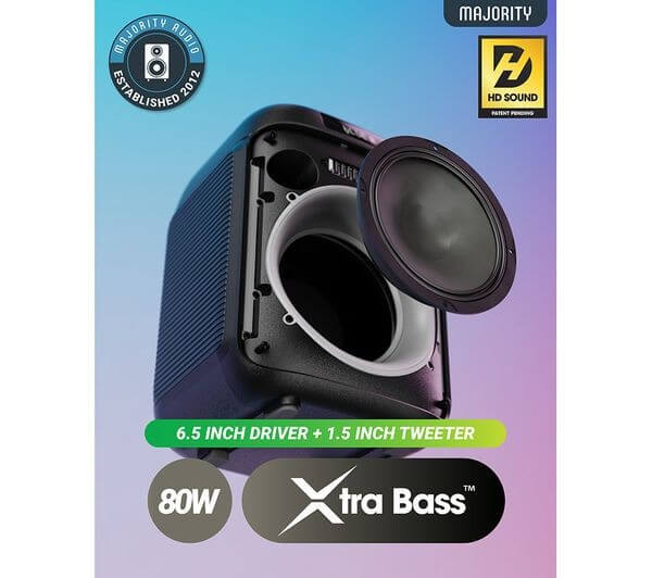 MAJORITY PULSE 1 PORTABLE BLUETOOTH MEGASOUND 80W PARTY SPEAKER LED LIGHTS showing a 6.5 inch driver and 1.5 inch tweeter.