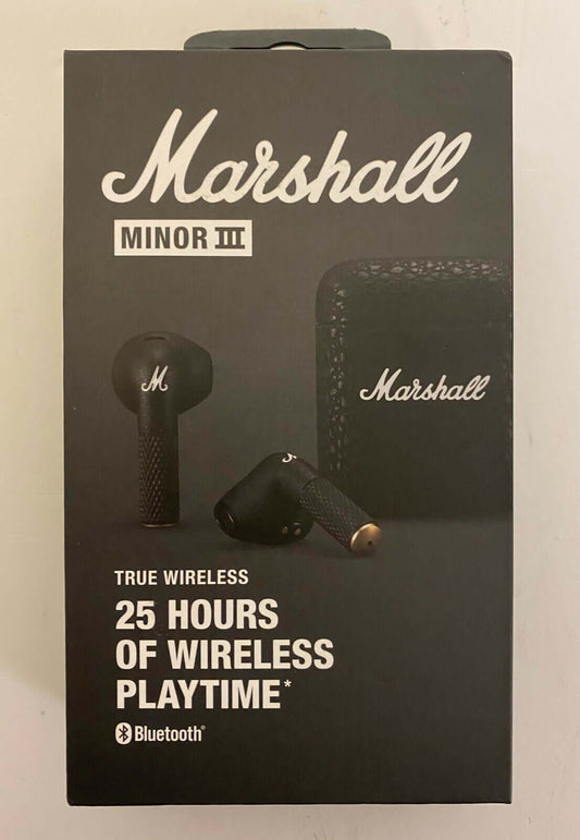 Marshall Minor III True Wireless Earbuds packaging showcasing 25 hours of wireless playtime.