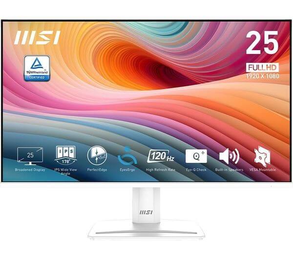 MSI PRO MP251W E2 FULL HD 25" LED MONITOR 1MS 120Hz HDMI DISPLAYPORT WHITE NEW showing vibrant display and specifications.