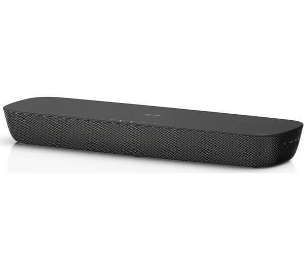 Panasonic SC-HTB208 80W compact wireless soundbar in sleek black design, ideal for high-resolution audio and Bluetooth connectivity.